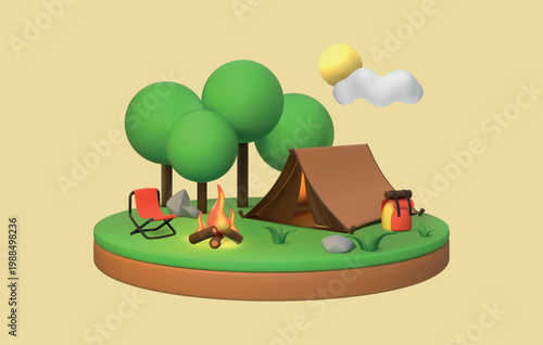 3d camp. Forest tree, tent and burning fire, cute bush garden or cloud tent for summer adventures. Plastic nature weekend, outdoor leisure. Vector render cartoon isolated illustration