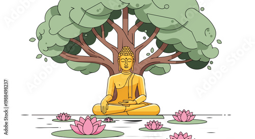 Golden Buddha Meditating Under Bodhi Tree with Lotus Flowers Flat 2D