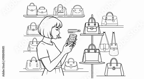 Woman browsing handbags on phone in a store
