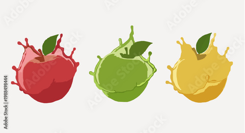 Colorful apple juice splash vector set with red green yellow apples 3D realistic beverage illustration isolated on white