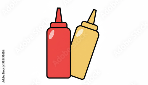 Squeeze bottles set with red and yellow sauces and glossy highlights for condiment branding featuring sauce, ketchup, mustard with glaze and dressing
