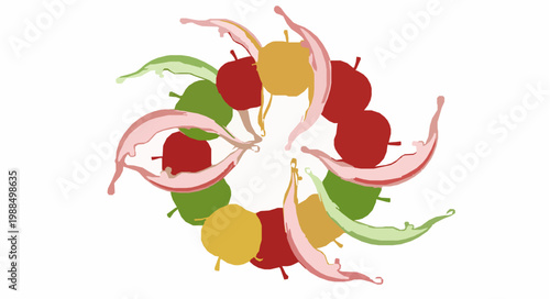 Apple juice splash circular vector set with red green yellow fruits 3D realistic beverage illustration isolated on white