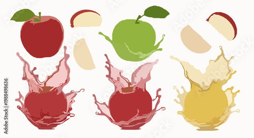 Apple fruit juice splash vector illustration set with red green yellow apples dynamic 3D beverage design isolated on white
