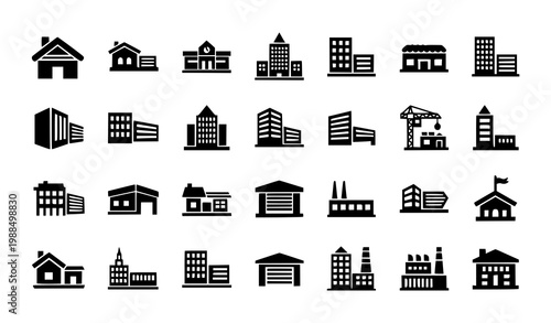 фотографія Real estate building solid glyph icon collection with residential and commercial