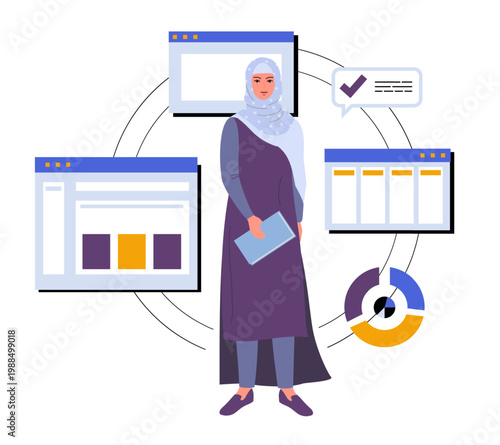 Businesswoman with infographic. Arabian woman. Analytic research. Arabic business management. Goals planning. Project diagrams. Efficiency employee. Office organizer. vector concept