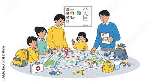 Family, parents, and kids planning travel, vacation, or adventure on a map together