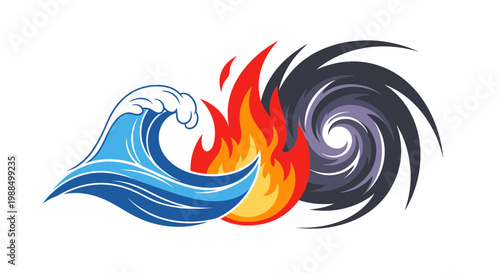 Wave flame whirlwind icons elemental symbols weather graphics