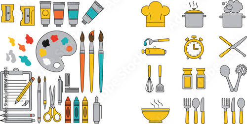 Creative Tools and Kitchen Utensils Icons Collection with Paint Brushes Palette Cooking Equipment and Supplies Vector Illustration Set