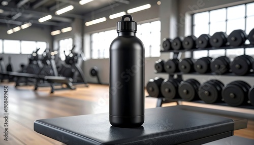 Black water bottle on gym platform.