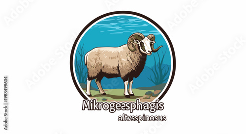 Stylized ram with large curled horns stands in a circular frame depicting water and plants