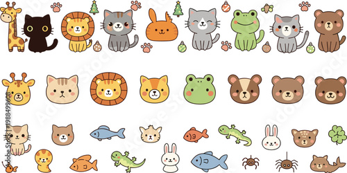 Cute Animal Icon Collection with Cats Frogs Bears Fish and Small Creatures Kawaii Style Vector Illustration Set