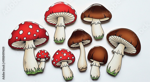 Cartoon mushroom vector set, red fly agaric and brown forest fungi illustrations, 8 colorful toadstool stickers for nature and autumn designs