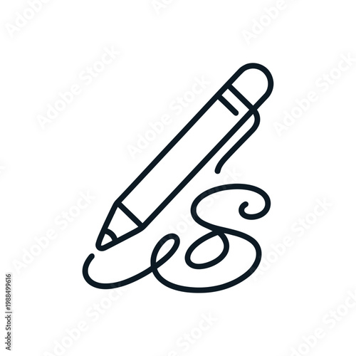 Signature icon. Thin line pen signing document with cursive script lettering.