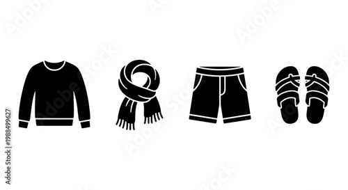 Minimalist black clothing icons set, seasonal apparel vector elements including sweater and scarf, summer shorts and sandals silhouettes