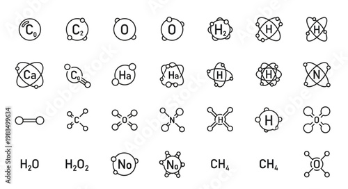 Collection of chemical element and molecule diagrams.