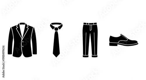 Formal men's business suit icons, black silhouette set of blazer, necktie, trousers and dress shoe, professional male clothing vector collection
