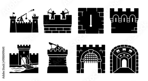 Medieval castle icons set, black silhouette fortress and defense elements, 8 vector illustrations of stone towers and siege weapons