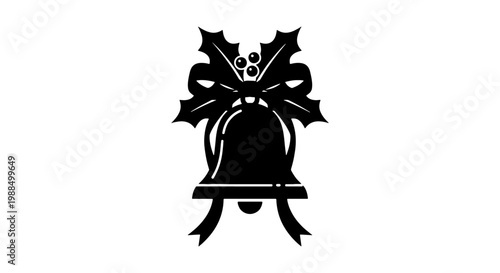 Christmas bell vector icon with holly leaves and bow, black silhouette holiday jingle bell, festive winter decoration for seasonal greeting cards