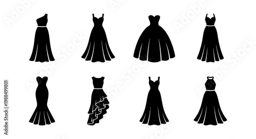 Elegant evening gown silhouettes, set of 8 black formal dress icons, luxury bridal and prom fashion vector elements for wedding invitations