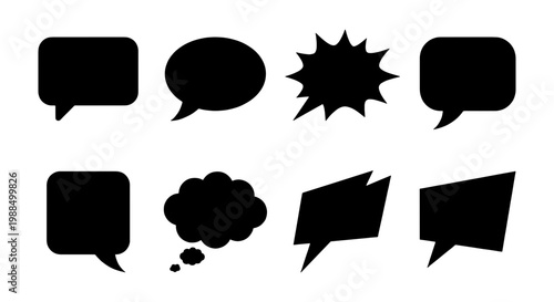Black speech bubble silhouettes set, 8 comic talk cloud icons, flat chat message bubbles and thought clouds for communication design