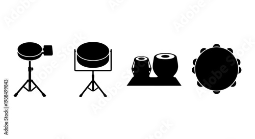 Percussion instrument silhouettes set, black drum kit elements and ethnic tabla drums, musical equipment icons for concert posters and studio design