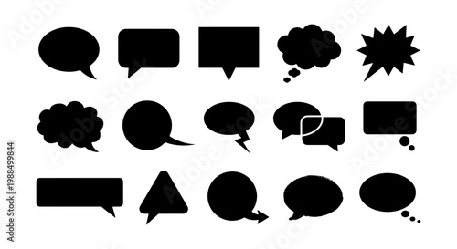 Black speech bubble silhouettes, set of 15 comic chat icons, minimalist talk cloud vector elements for communication and social media design