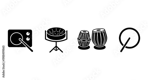 Traditional Indian musical instruments icon set, black and white tabla and percussion vector illustrations, ethnic music equipment symbols