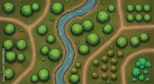 Fantasy RPG world map background with winding river and forest paths, top-down game level design with green trees and dirt roads, cartoon nature landscape