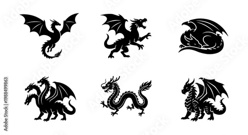 Mythical dragon silhouettes collection, set of 6 black fantasy creature icons, medieval dragon vector illustrations for gaming and logos