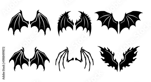 Gothic bat wings silhouette collection, 6 pairs of black dragon wings vector icons, spooky demon and vampire wing elements for Halloween design