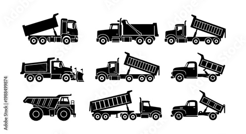Dump truck silhouette collection, 9 heavy construction vehicle icons, industrial tipper truck vector set for logistics and building site signage