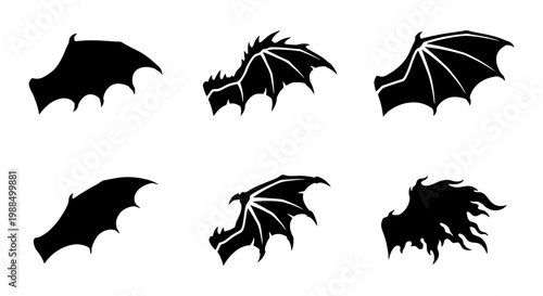 Black dragon wings silhouette set, mythical creature wing icons, gothic bat and demon wing collection, 6 vector fantasy wing elements for logo design