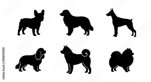 Black dog breed silhouettes collection, set of 6 canine animal vector icons, purebred pet profiles for veterinary and grooming logos