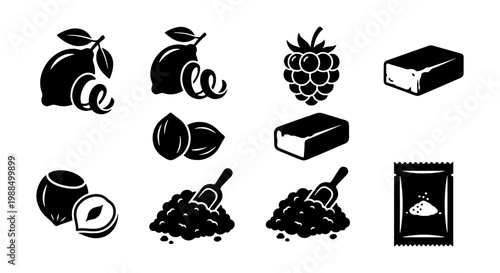 Black and white food ingredient icons, culinary baking elements vector set, lemon and hazelnut symbols, raspberry and cocoa powder graphics