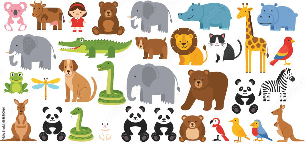 Obraz premium Cartoon Animal Collection with Wild and Zoo Creatures Including Elephant Giraffe Lion Panda Crocodile and Birds Vector Illustration Set