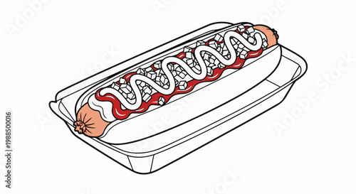 A stylized illustration of a hot dog with ketchup, mustard, and onions in a tray