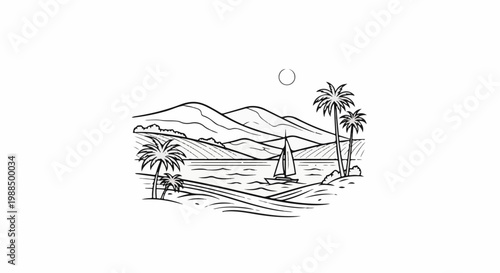 A stylized line drawing depicts a serene coastal landscape with rolling hills, palm trees, and a sailboat