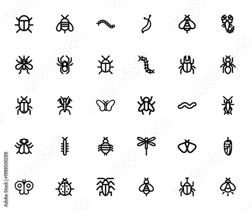 Insects icon set. Vector bug collection. Includes bee, spider, butterfly, ant, dragonfly, beetle, mosquito and more. Editable thin line icons.
