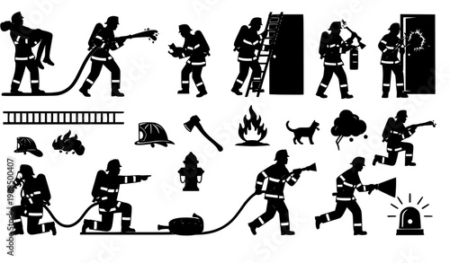 Firefighter Silhouette Action Set with Rescue Equipment Ladder Hose Flames Emergency Vector Collection