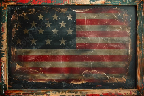 Vintage American Flag Bordering Blank Chalkboard