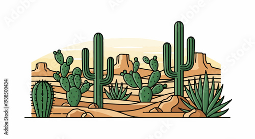 Stylized desert scene with various cacti, rocks, and mesas under a pale sky