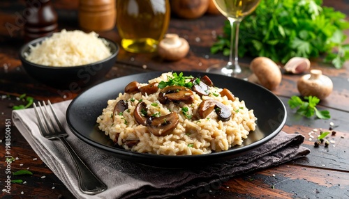 Gourmet dish of creamy rice with sauteed mushrooms, garnished with parsley. Served with wine and ingredients