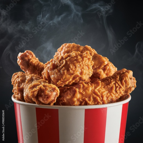 Steaming bucket of fried chicken red and white stripes
