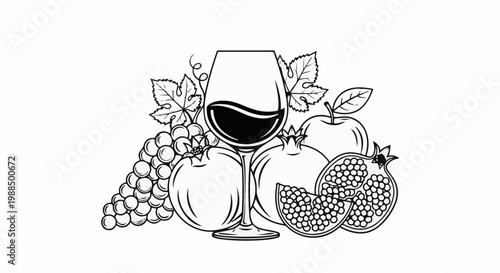 A still life drawing of grapes, pomegranates, an apple, and a wine glass