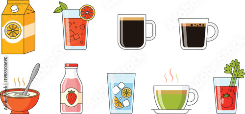 Breakfast and Brunch Beverage Icon Set Featuring Orange Juice Carton, Espresso Coffee, Matcha Green Tea, Strawberry Milk, and Bloody Mary Cocktail for Cafe Menus
