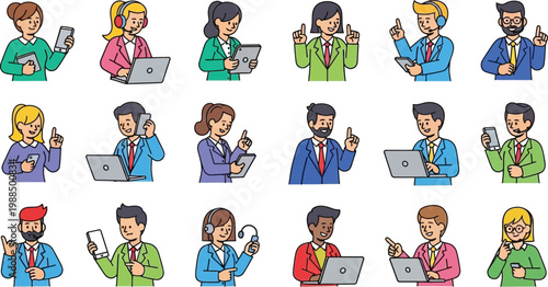 Diverse customer service business avatars using technology vector set