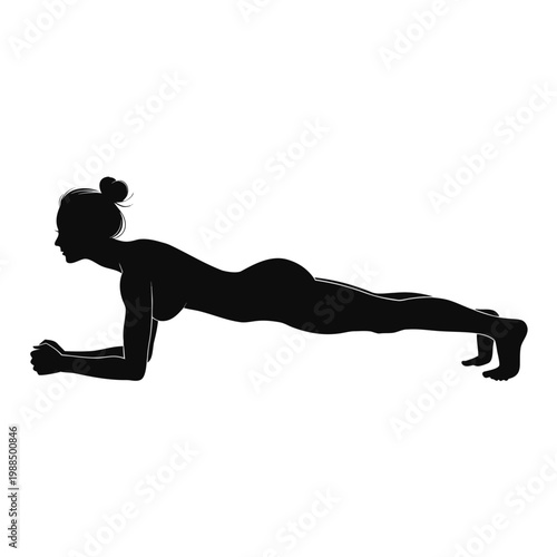 Black silhouette of woman doing yoga plank pose, fitness illustration, exercise vector, healthy lifestyle graphics