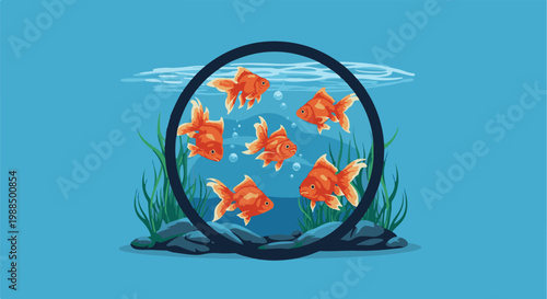 Six orange fish swim in a round glass bowl with green plants and rocks