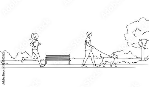 Minimal doodle sketch of jogging woman passing man walking dog in park black line vector illustration