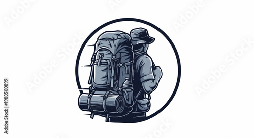 A stylized, circular illustration depicts a person in a hat from behind, packed for a journey